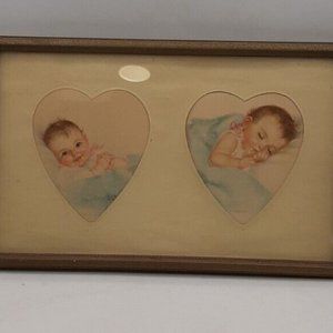 Adorable Vintage SBC Charlotte Becker Baby Prints Framed in Heart Mat Under Glas